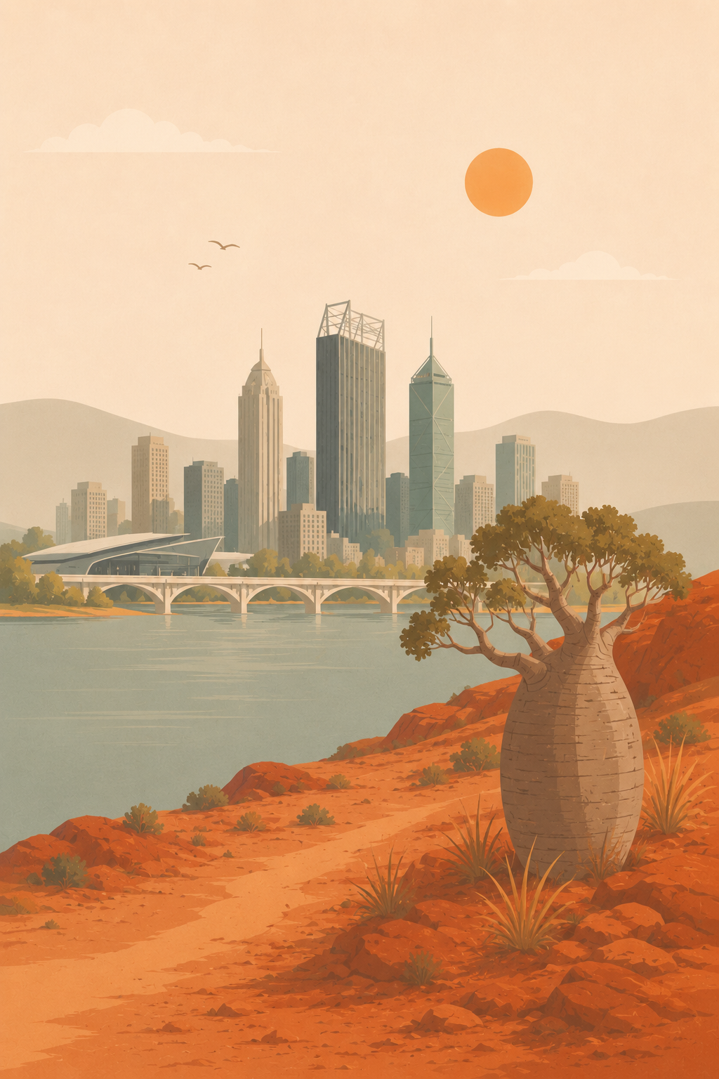 Perth skyline with Swan River and boab tree